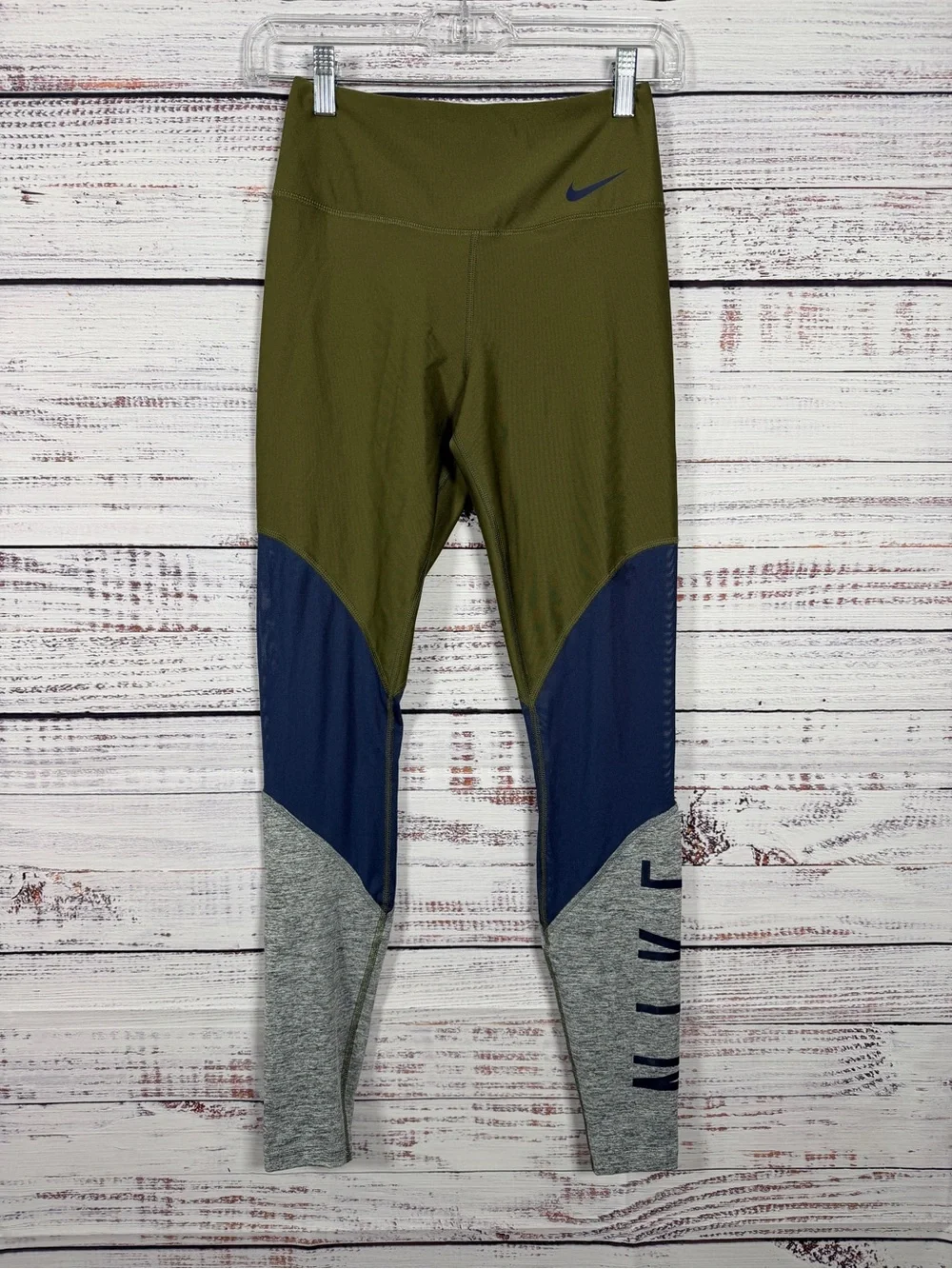 Nike Dri-FIT Colorblock Leggings Olive Green Gray Blue XS